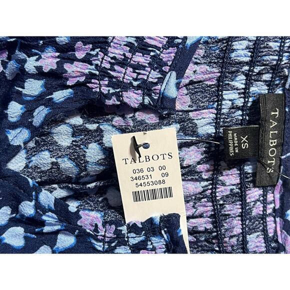 NWT Talbots Smocked Splt Neck Dress  XS Blue and Purple‎ Floral Knee Length. - Picture 4 of 6